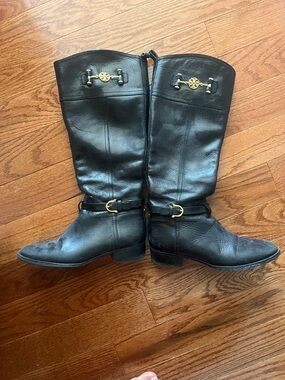 Tory Burch Black Leather Knee Boots with Gold Hardware